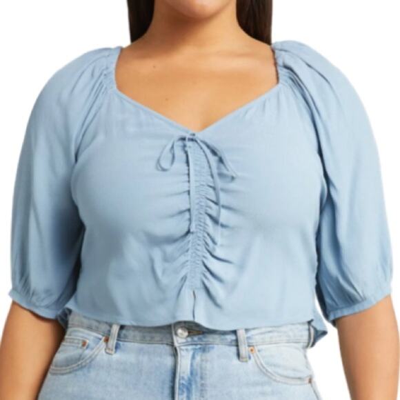 Open Edit Tie Front Puff Sleeve Blouse - Blue Chambray Size 2X - Picture 3 of 9